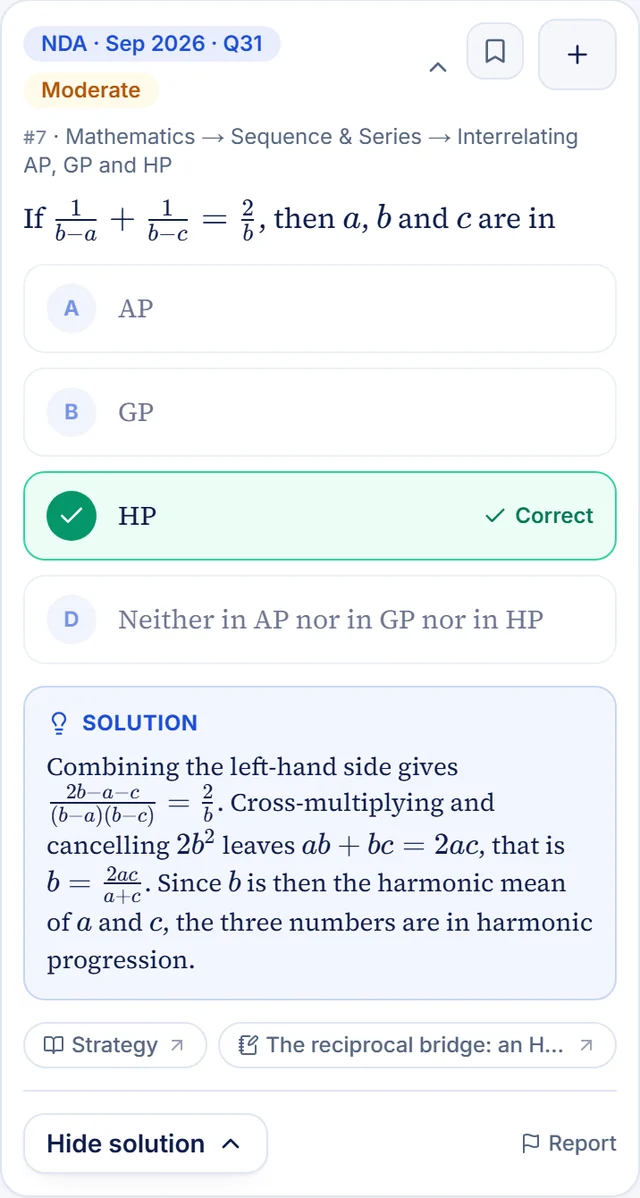 A 2026 NDA question on PYQ Vault with the correct answer marked and the worked solution below it